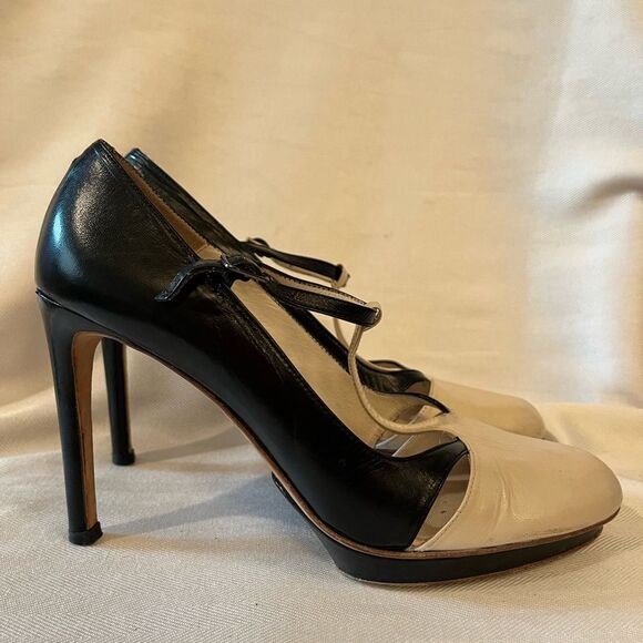 Retro Bebe Pin-Up T-strap Mary Jane black & cream pumps slight platform SZ 7.5 - Picture 3 of 12